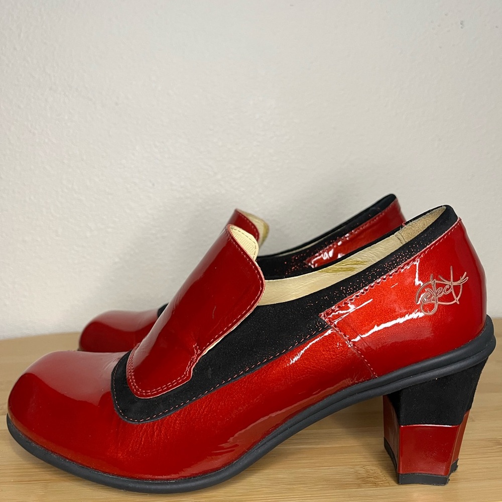 Elegant Red Fluevog-esque Women's Heels with artist’s signature